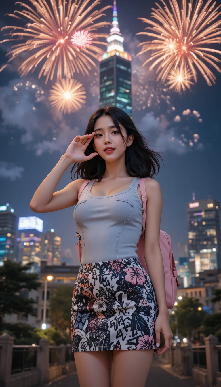타이베이 101 불꽃놀이 앞에서 셀카를 찍는 젊은 여성