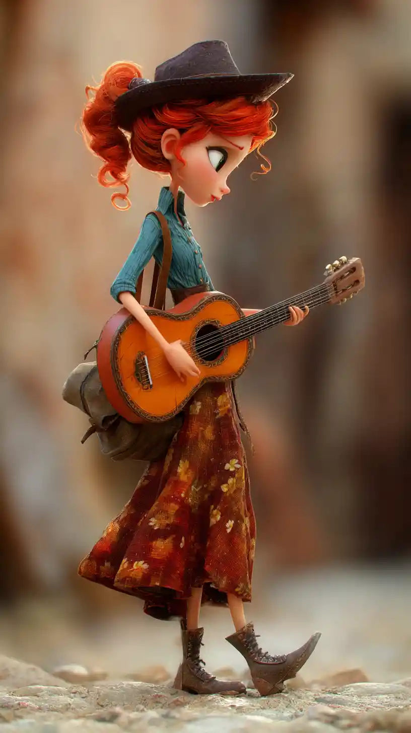 Free spirited girl traveling the world with her guitar