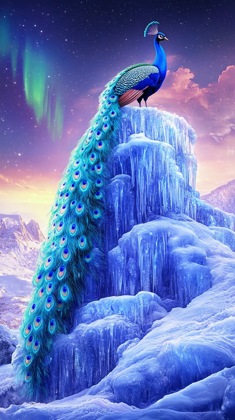 Blue peacock on ancient ice sculpture under aurora sky