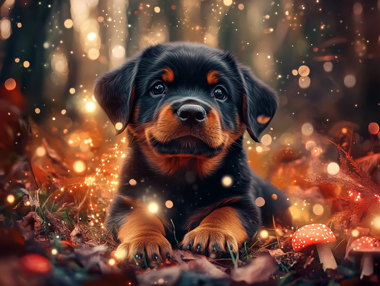 迷人的秋日魔法森林裡的靈動羅威納幼犬