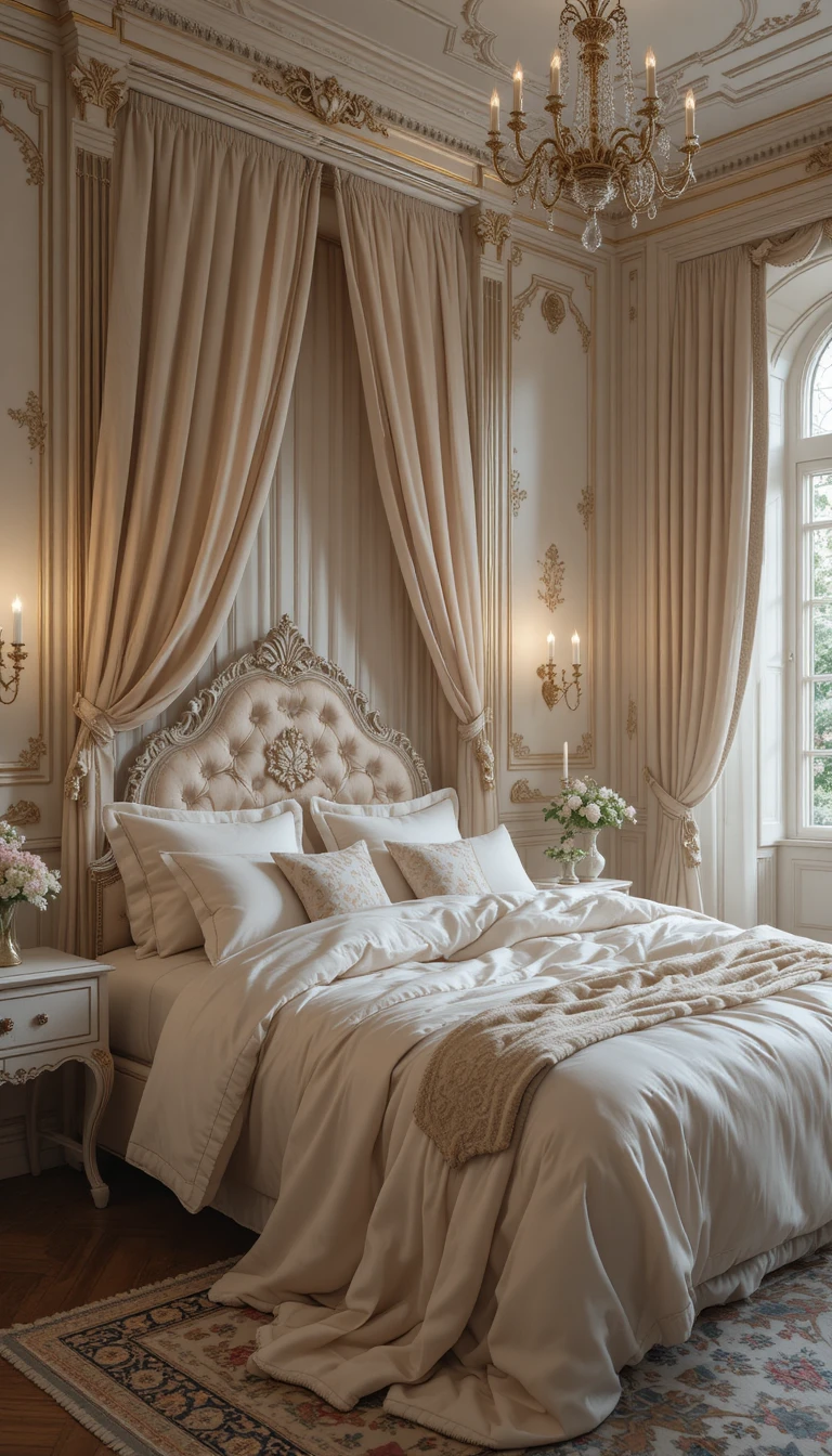 Elegant cozy bedroom with silky blankets and calm atmosphere