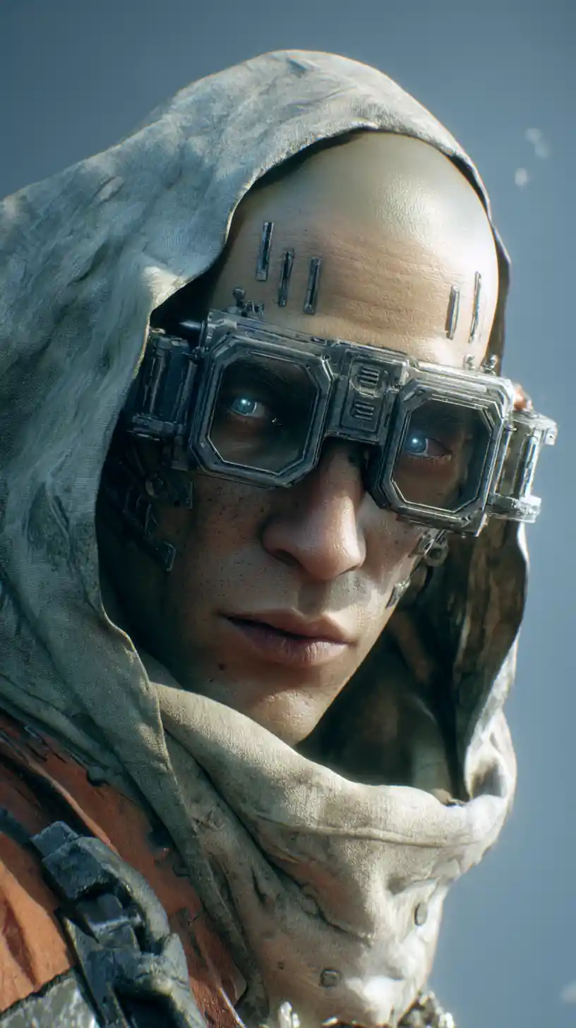 Cyborg drifter in a tarp camp on a sci fi city