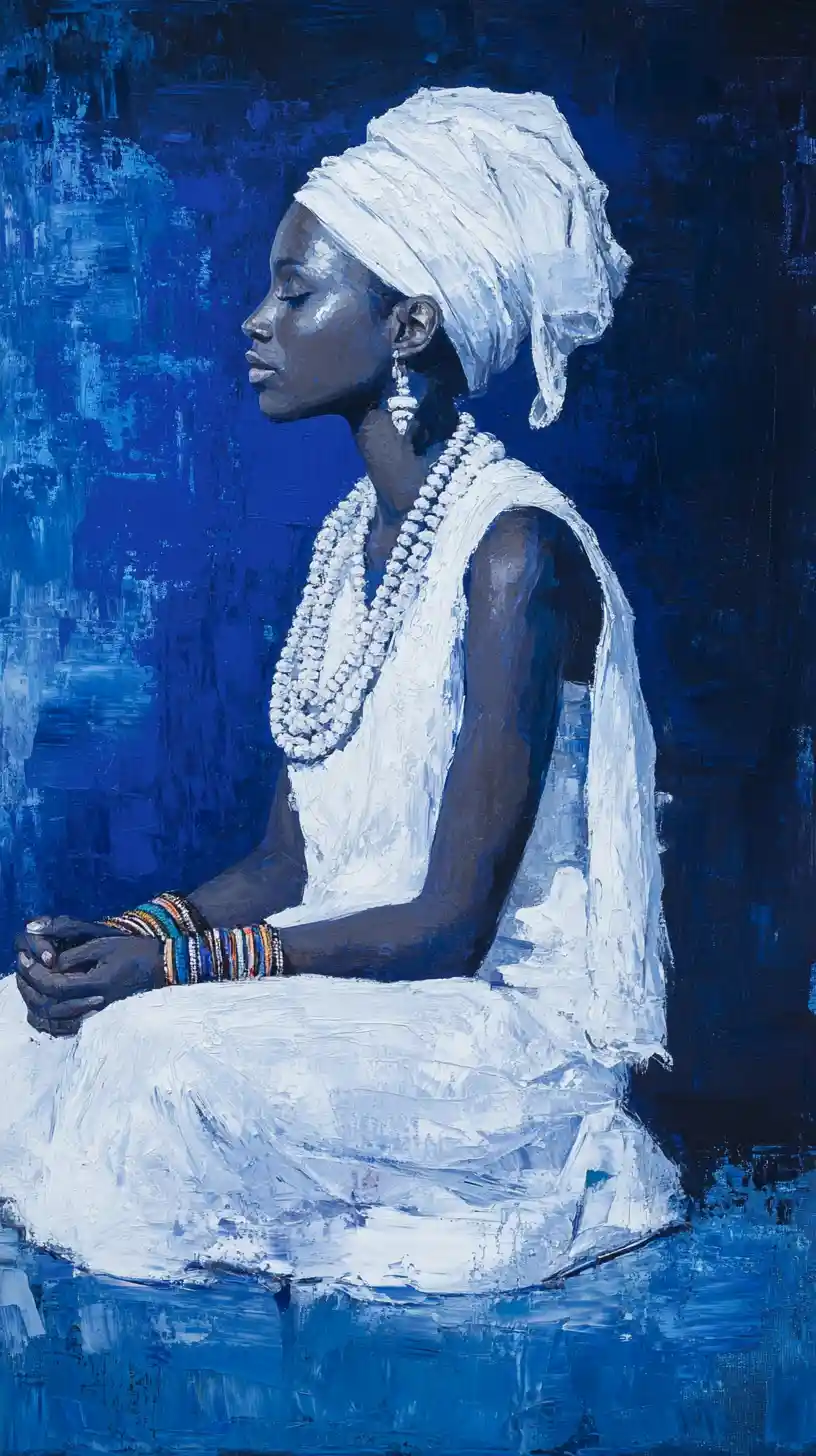Impressionist portrait of woman in white against deep blue