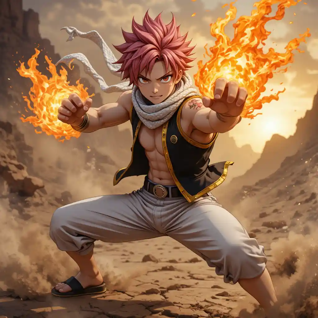 Mago del fuoco in stile anime in dinamica posizione di combattimento