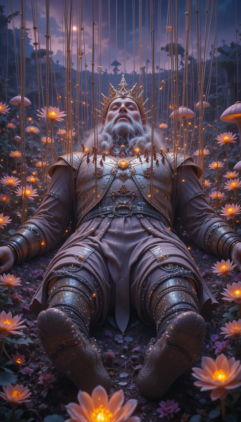 Giant man bound in ropes in an alien glowing meadow