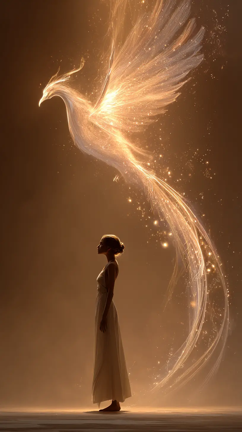 Woman beside a gentle luminous phoenix of healing light