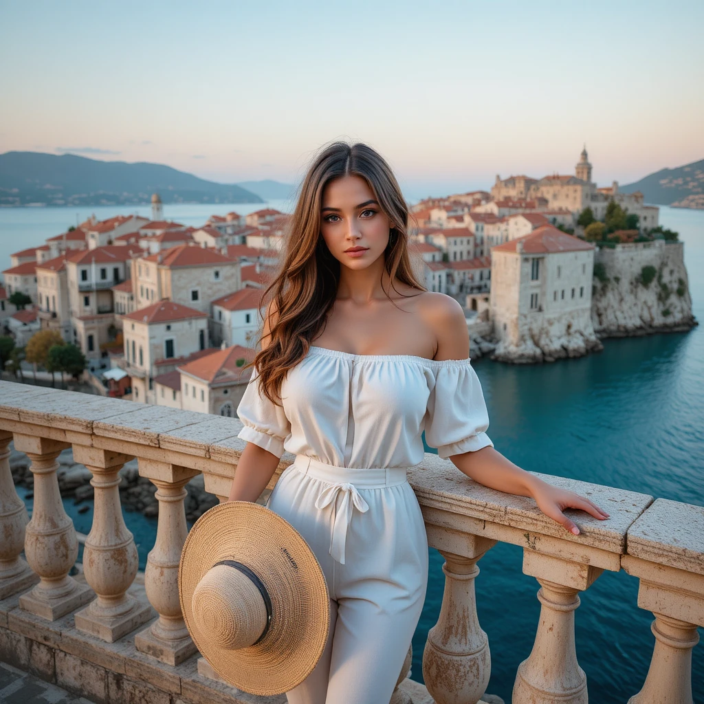 Jeune femme sur un balcon en pierre dominant la vieille ville de Dubrovnik