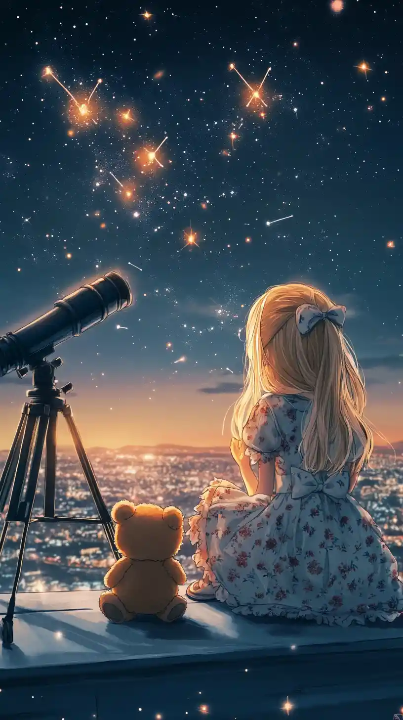 Little girl on a rooftop gazing at the starry sky