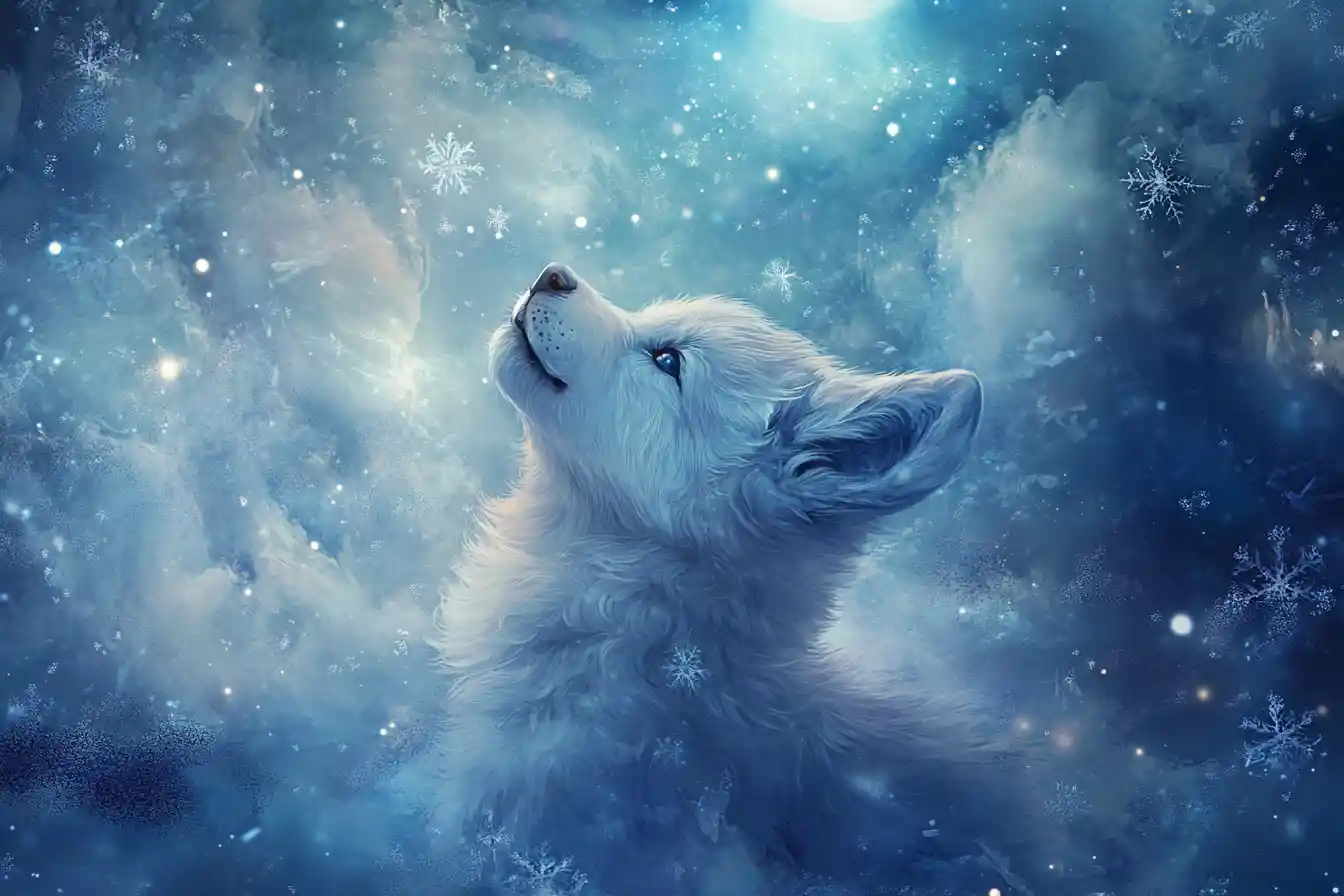 Babywolf heult den Mond im verzauberten Winterwald an