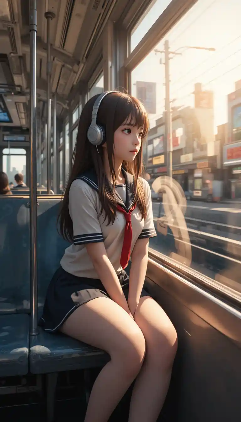 Anime schoolgirl gazing from subway window in warm sunlight