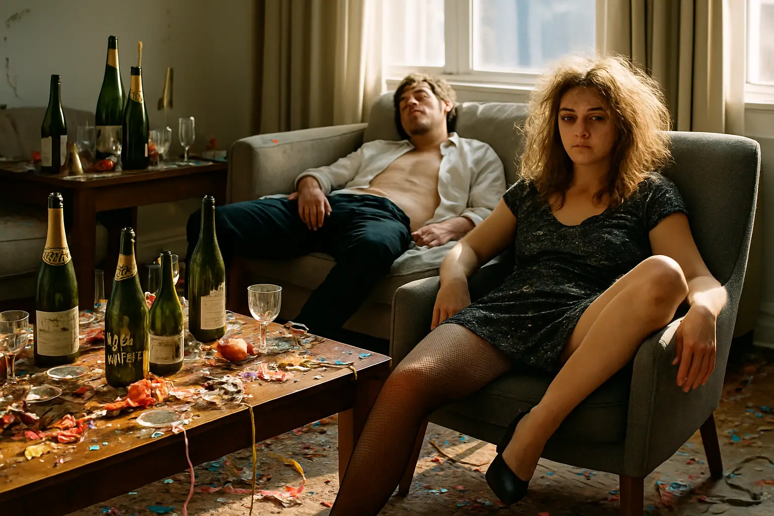 Hungover man and woman in messy daylight living room
