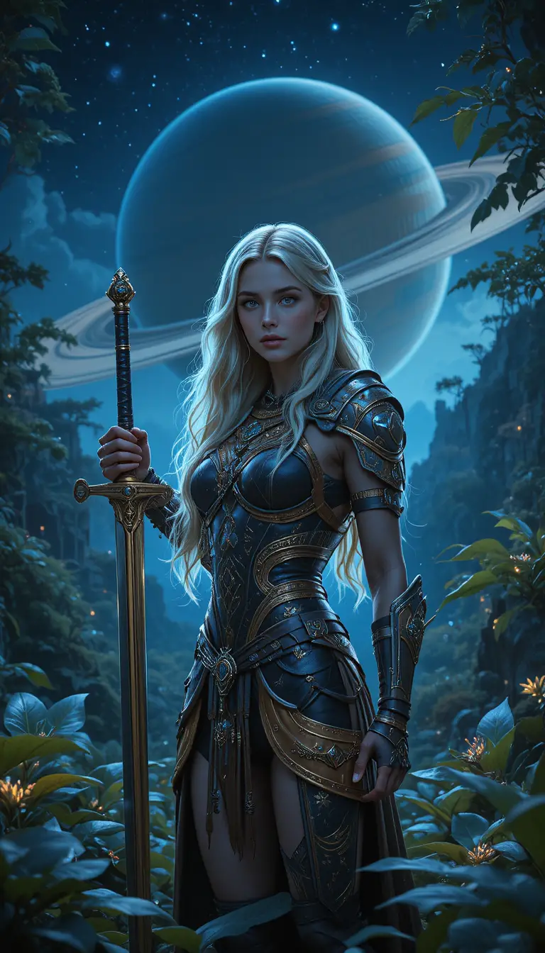 Nordic warrior woman in glowing alien jungle night