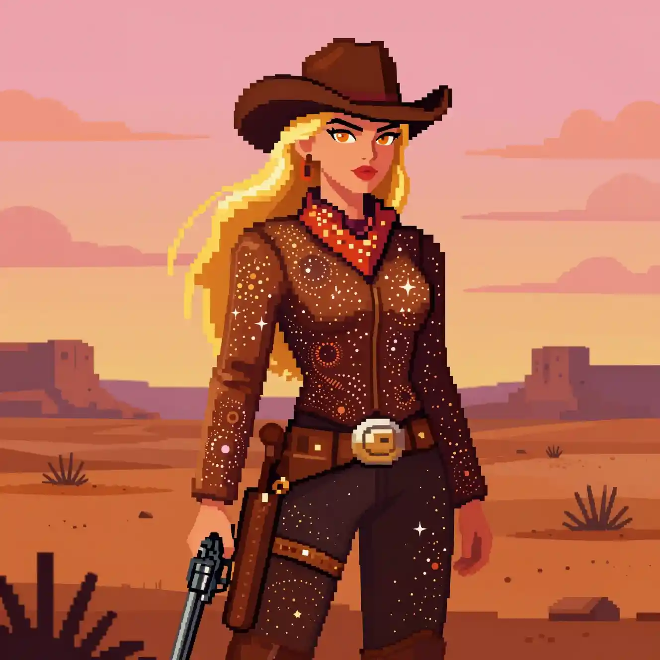 Pixel art cowgirl under a glowing wild west sunset