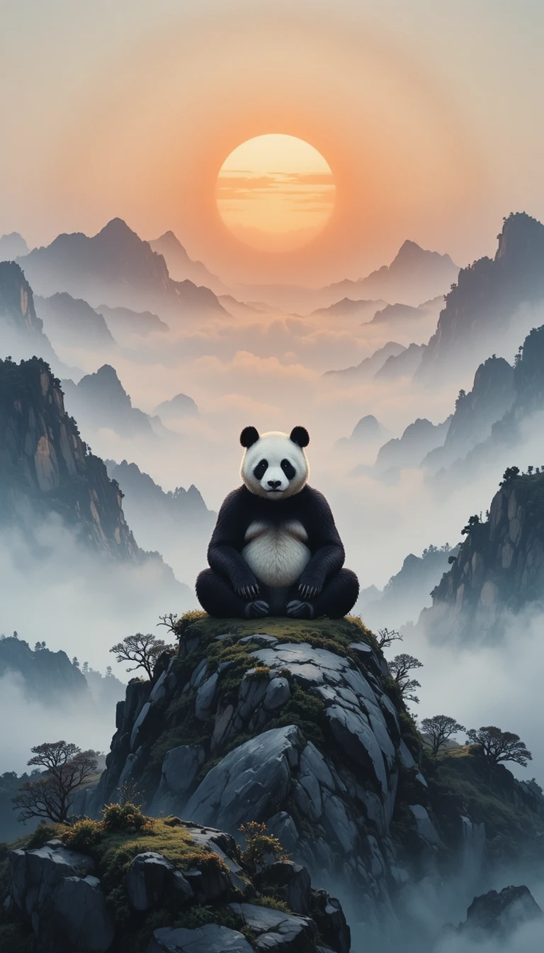 Giant panda meditating on a misty mountain at sunrise