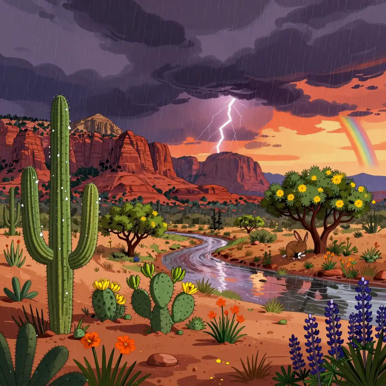 Arizona desert after monsoon rain with rabbit and cacti
