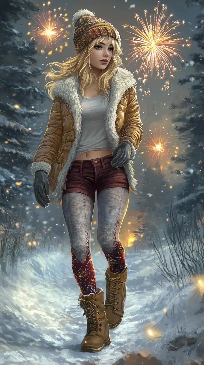 Joven rubia caminando por un bosque invernal festivo