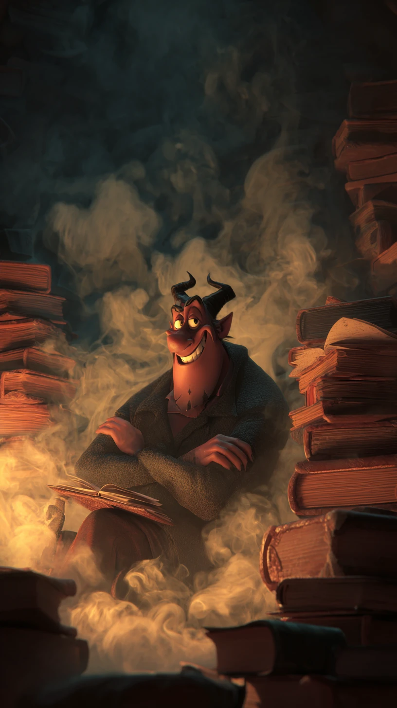古書に囲まれた黒煙をまとう狡猾な悪魔