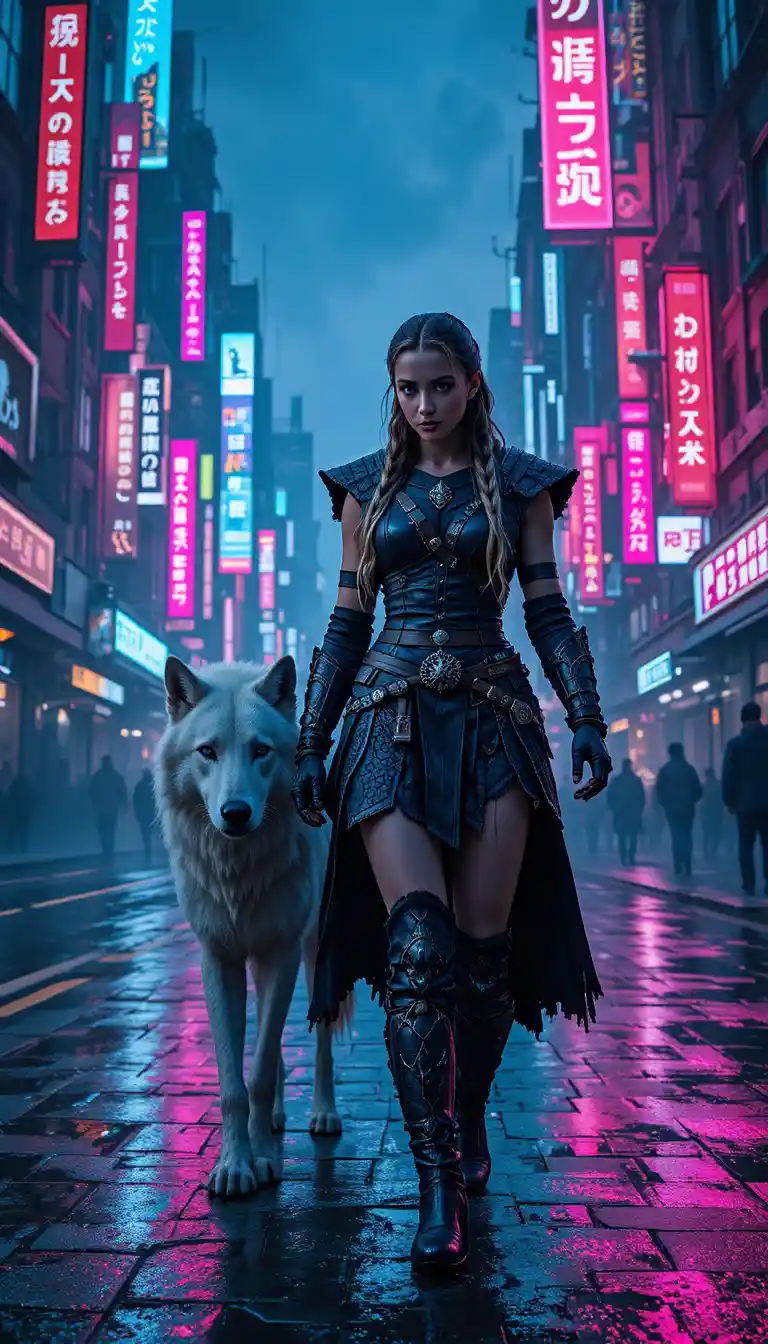 Viking warrior woman walking through neon cyberpunk streets