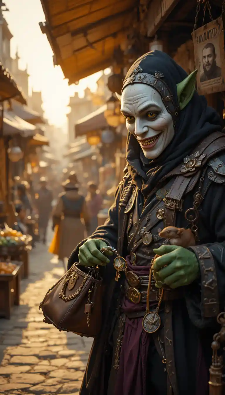 Goblin thief in human mask picking a merchant pocket