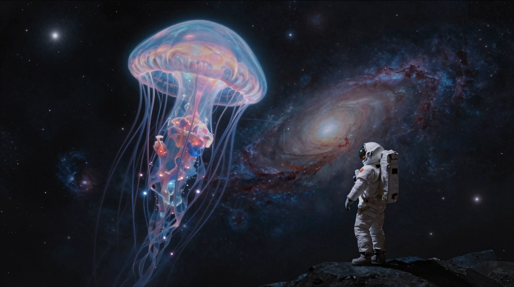 Astronaute à la dérive devant une méduse cosmique colossale