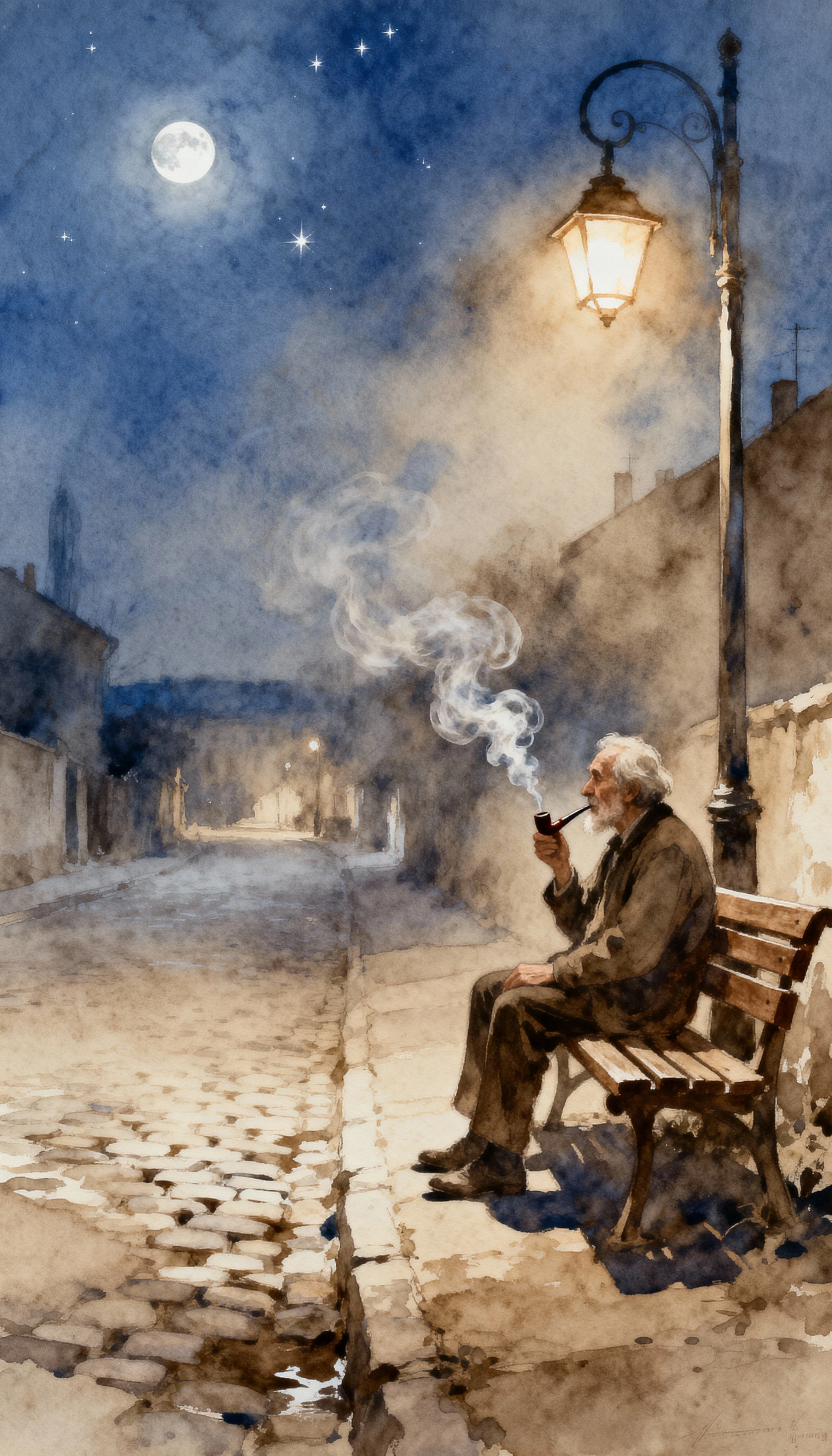 Anziano che fuma sotto i lampioni brillanti e il cielo illuminato dalla luna