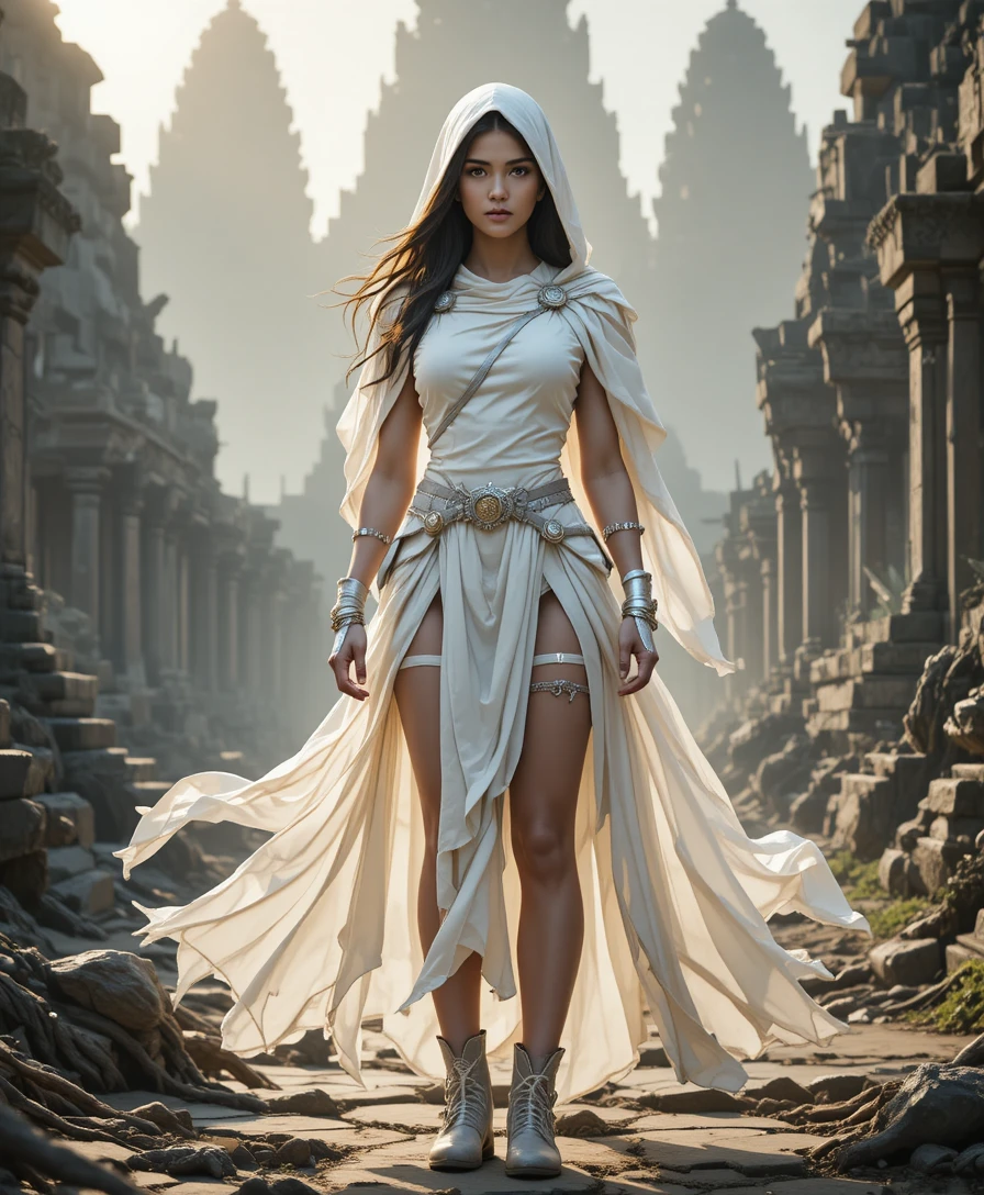Mystical nomadic warrior in white before ancient stone temple