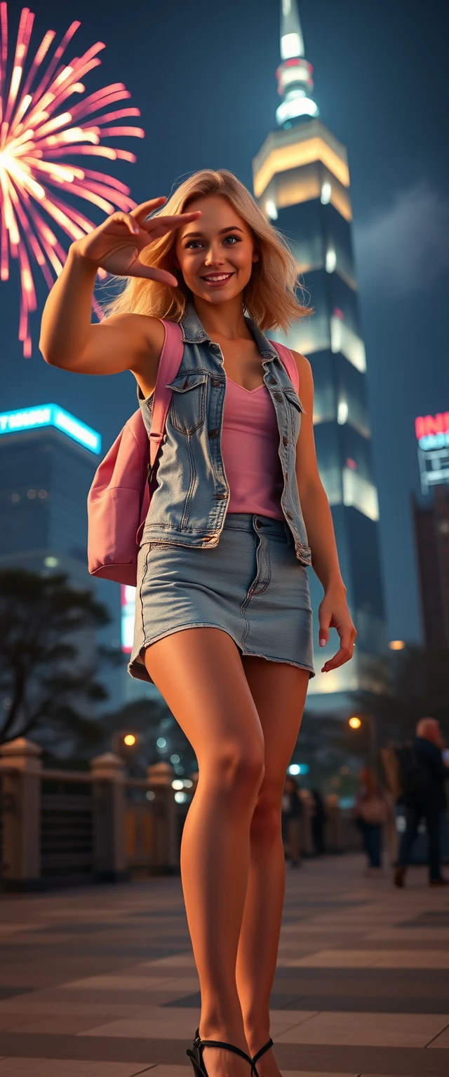 Mulher loira tirando uma selfie alegre em frente ao Taipei 101