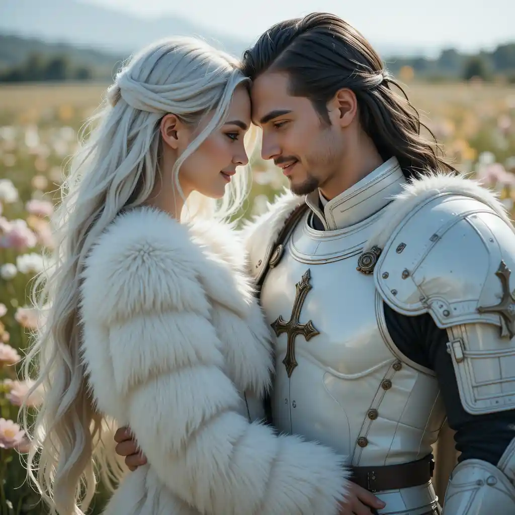 Coppia romantica che si abbraccia in un soleggiato campo di fiori