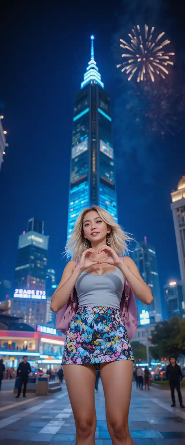 Donna bionda che si scatta un selfie davanti ai fuochi d’artificio del Taipei 101