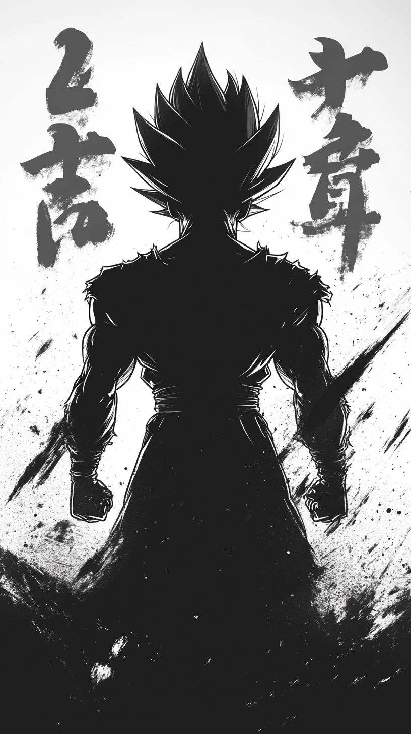 Brooding anime warrior silhouette glowing with intense battle energy