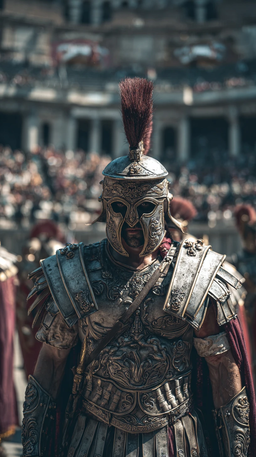 Guerrero tribuno romano ante el Coliseo al anochecer