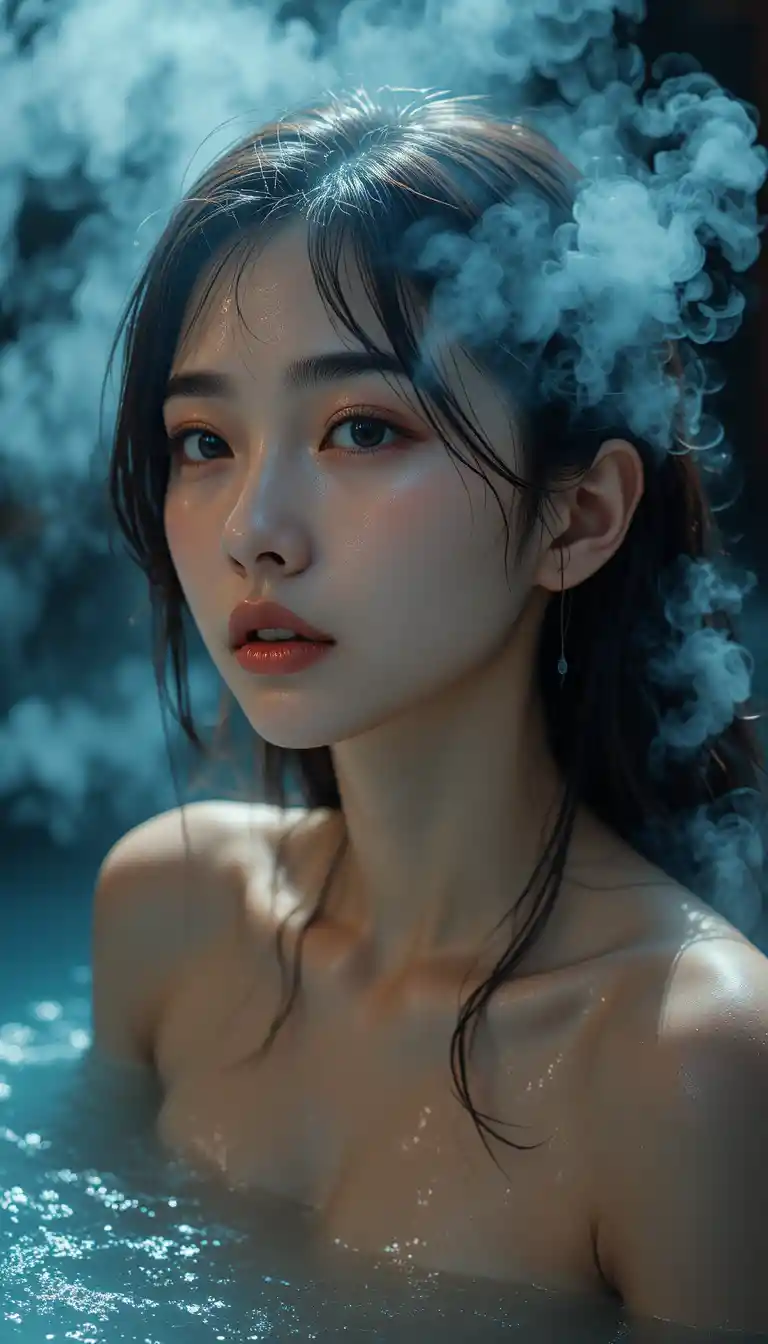 High angle portrait of girl in moonlit outdoor hot spring
