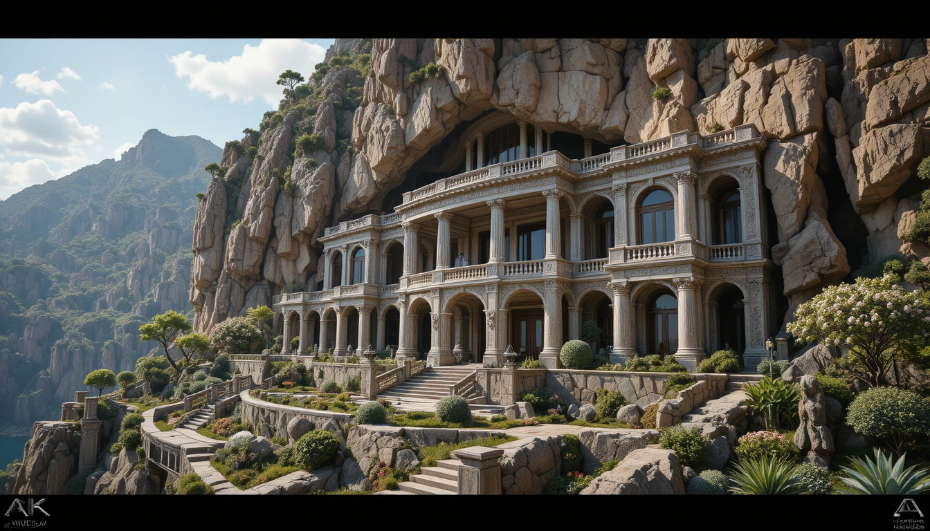 Luxurious cliffside mansion with marble pillars and landscaping