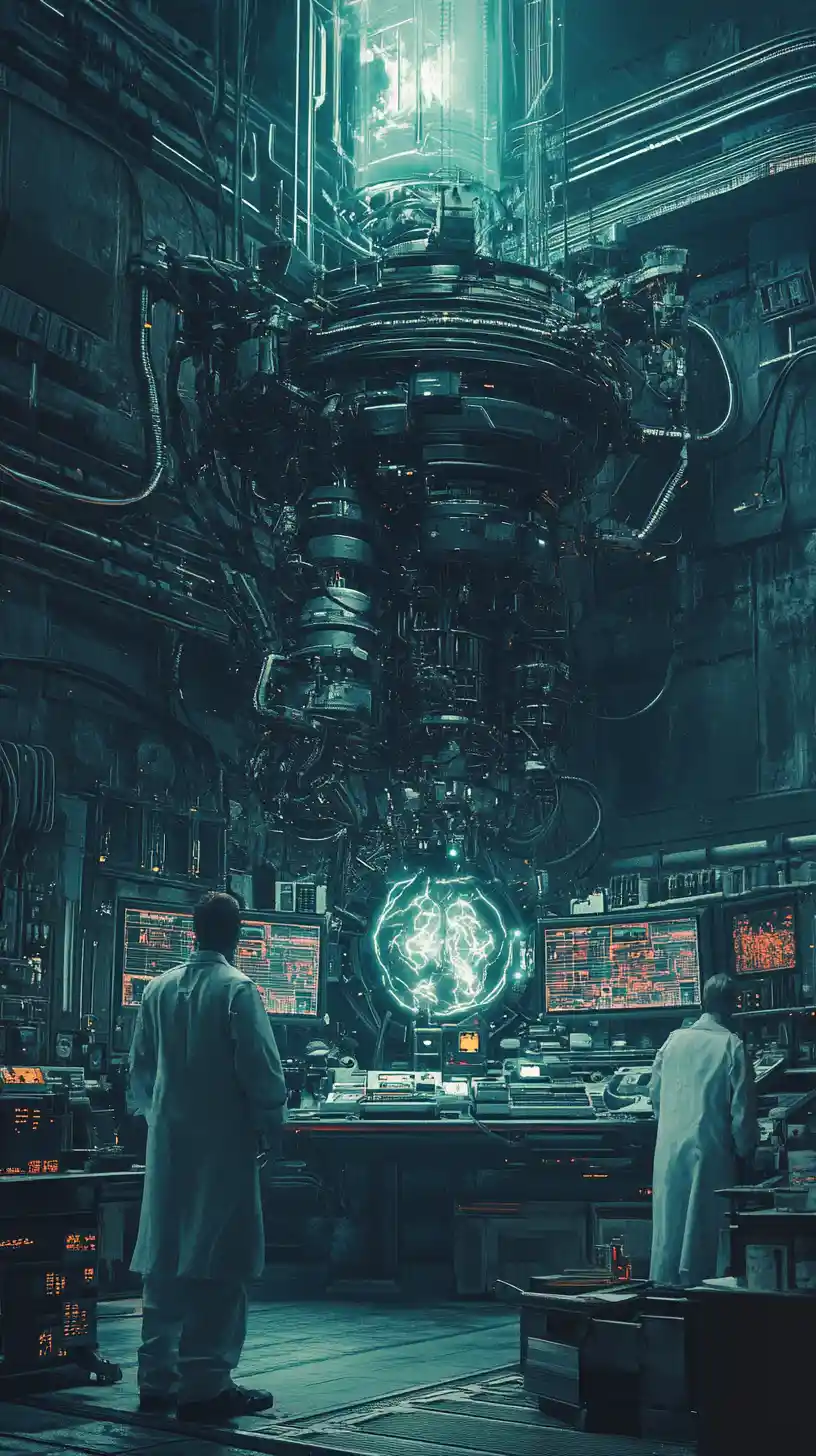 Cyborg anatomy in a dark industrial laboratory scene