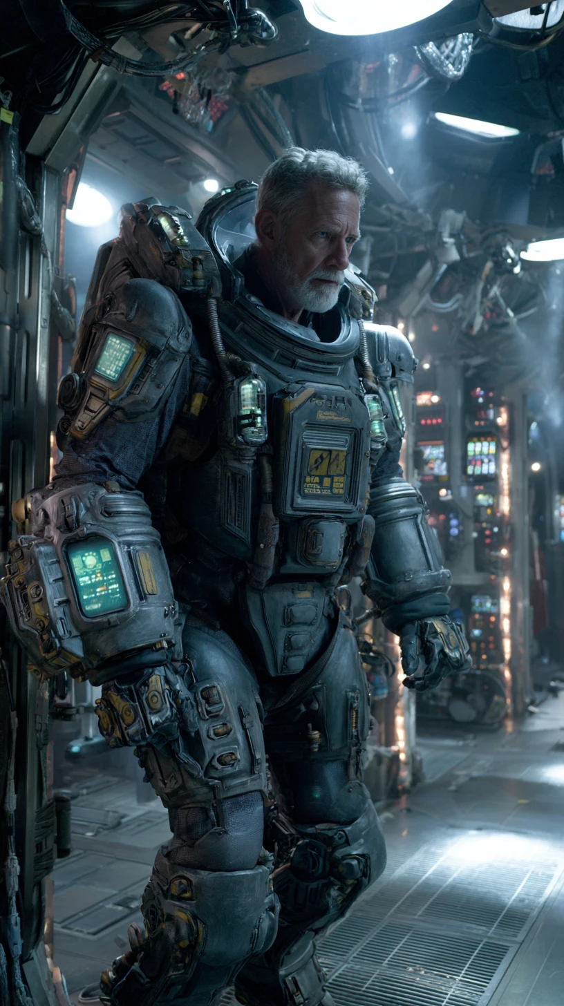 Intimidating commander in armored exoskeleton inside sci fi base