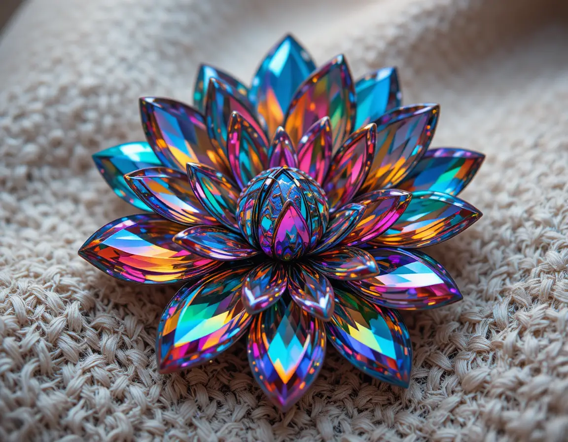 Broche de flor iridescente em tecido tramado em close
