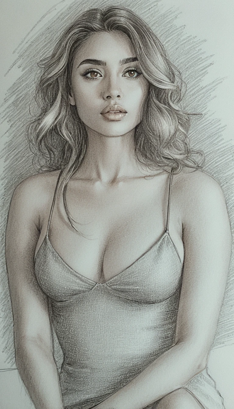 Graphite portrait of young woman with wavy shoulder length hair