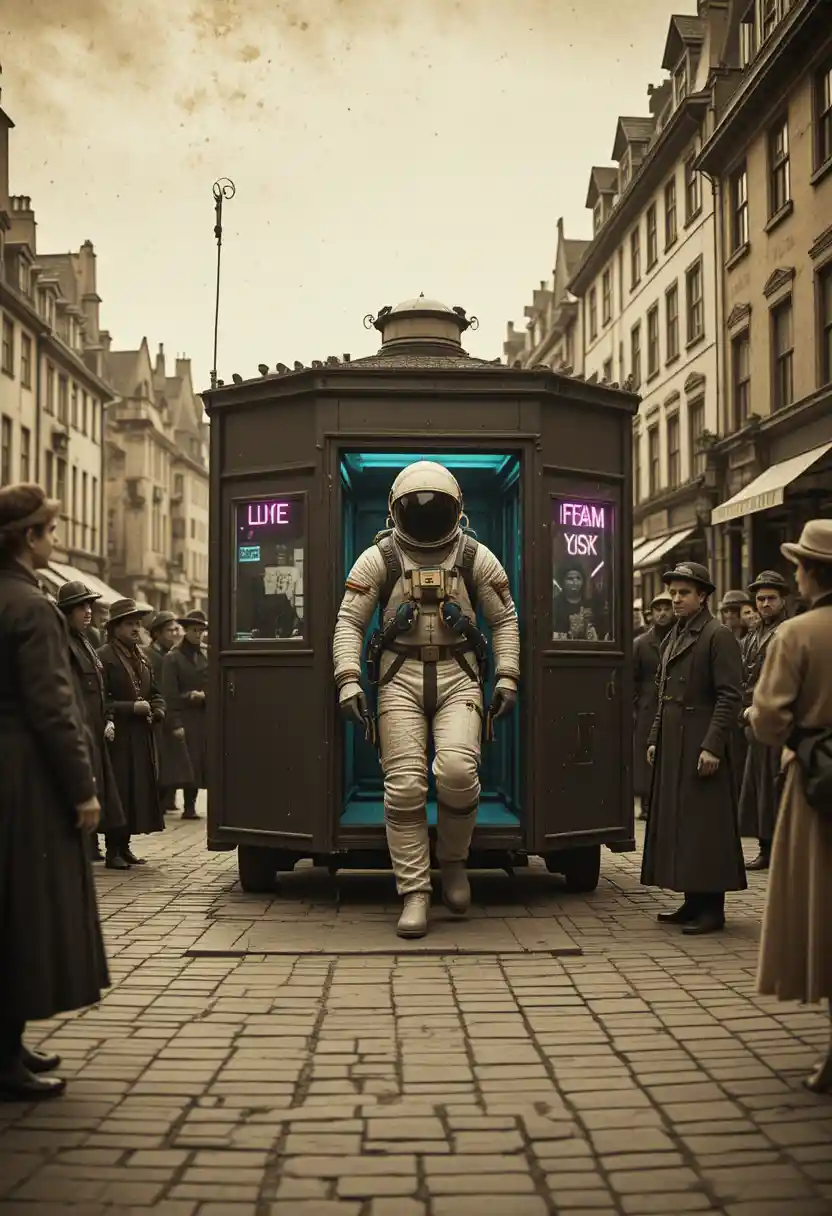 Astronauta che scende dalla cabina in una piazza europea d’epoca