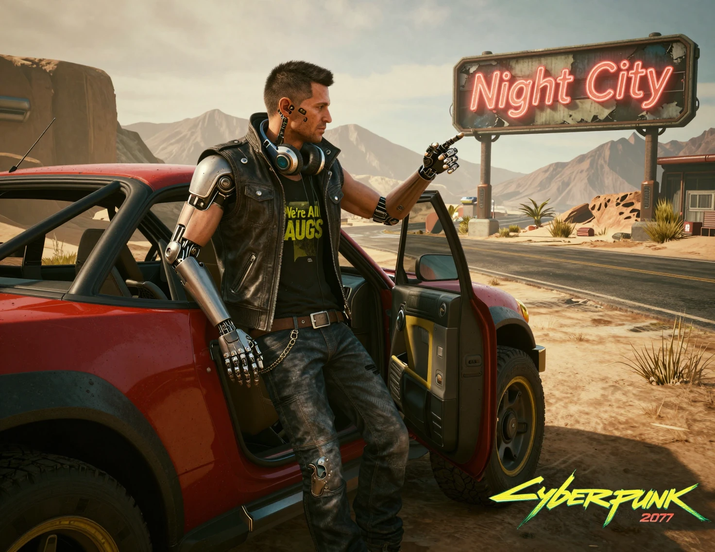 Augmented man leaning on sci fi off road vehicle