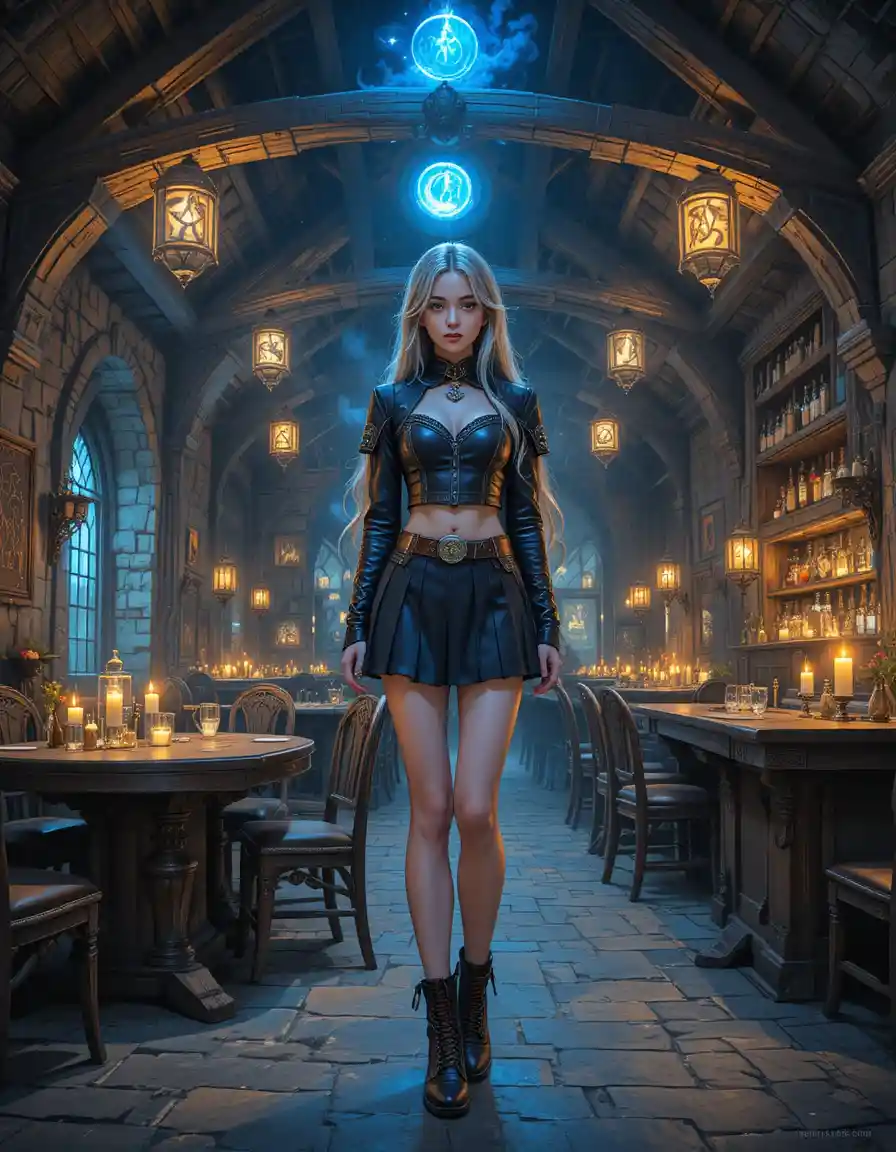 ろうそくが灯る神秘的な中世の酒場のアニメ少女