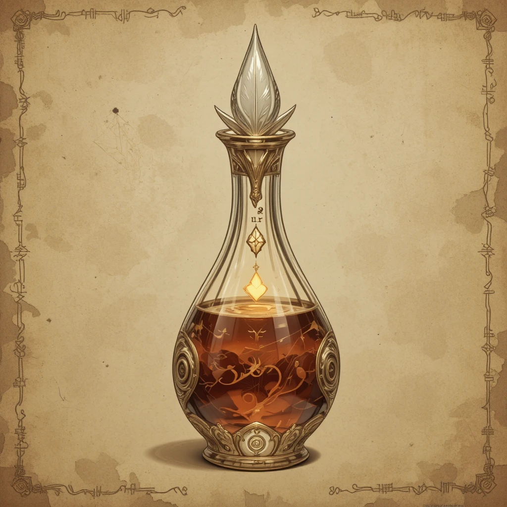 Fantasy potion bottle with glowing arcane feathers