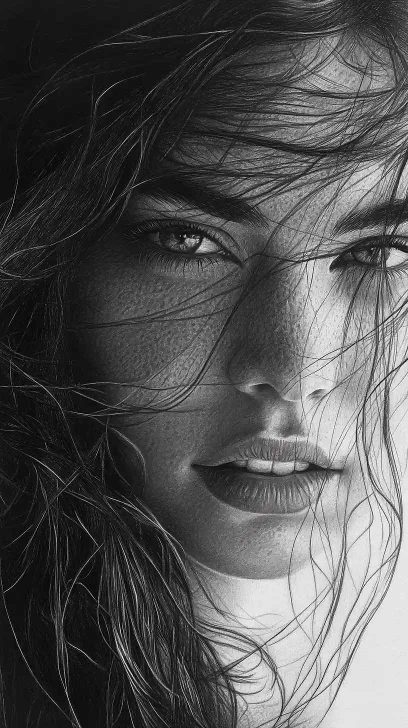 Ritratto iperrealista a grafite di una giovane donna con capelli selvaggi