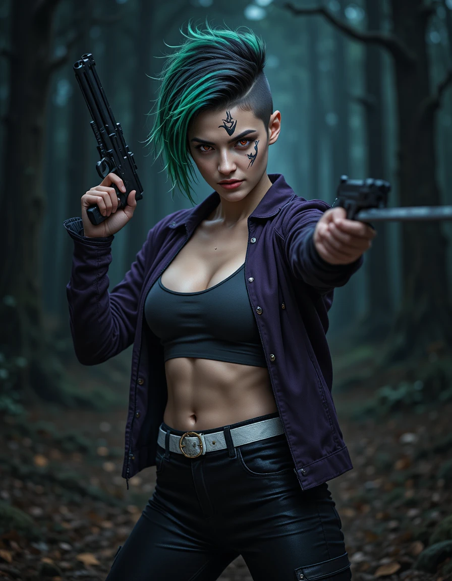 Angry warrior woman aiming shotgun in a dark forest