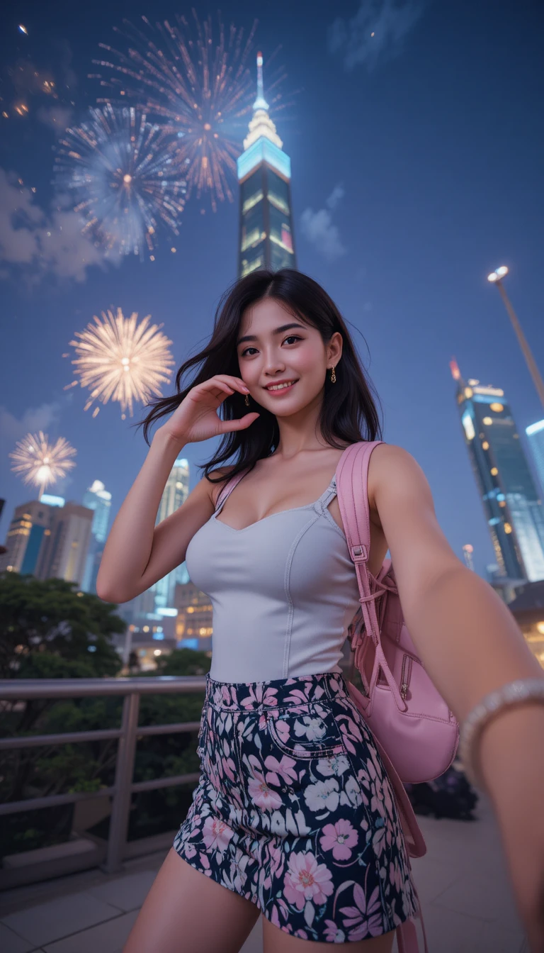 Giovane donna che si scatta un selfie davanti ai fuochi d'artificio del Taipei 101