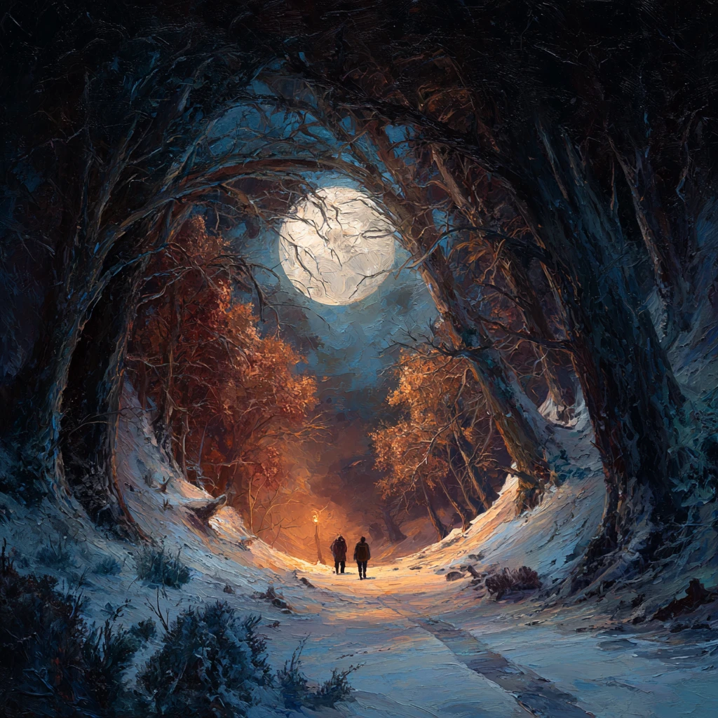 Forêt hivernale mystique sous une pleine lune lumineuse