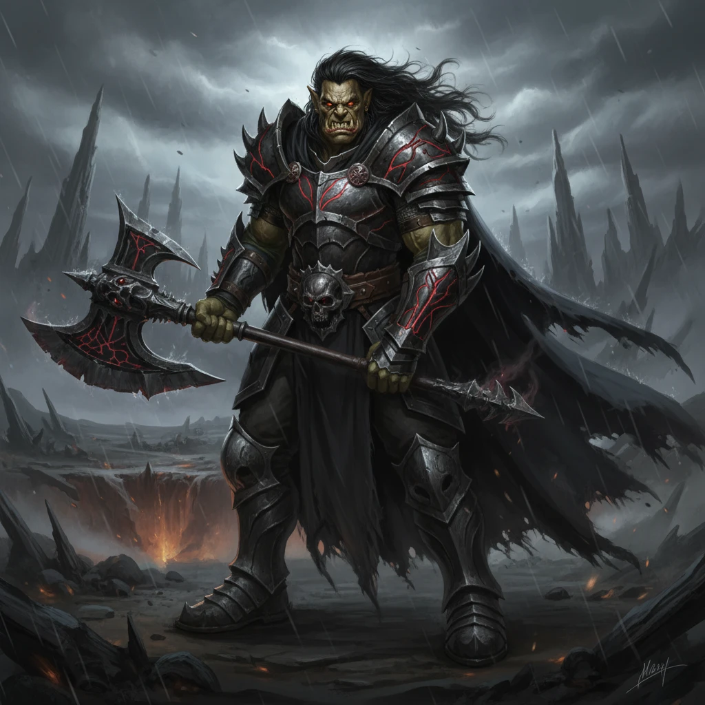 Vengeful half orc paladin in dark armor with battle axe