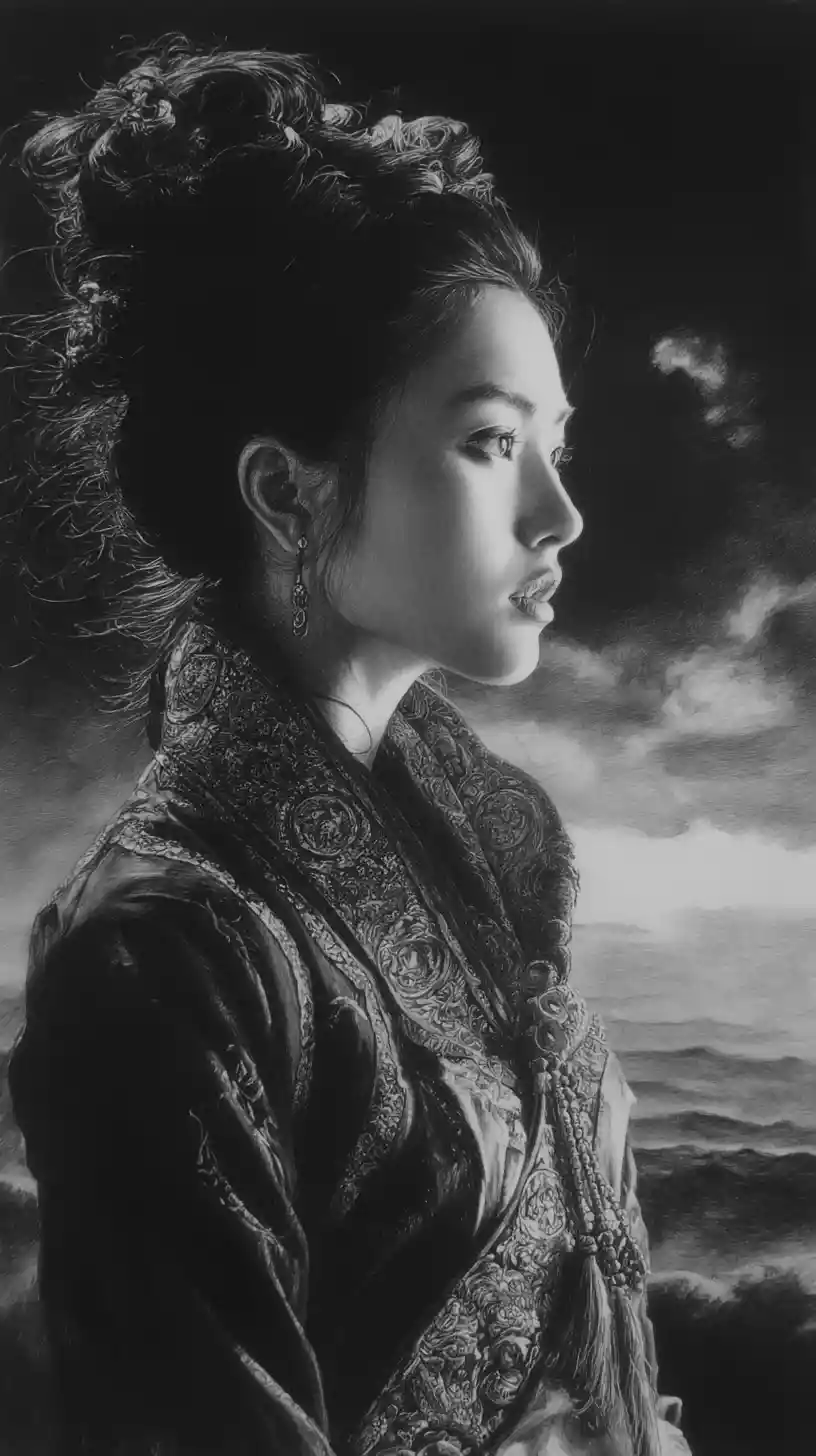 Melancholic woman in traditional East Asian style under moonlight