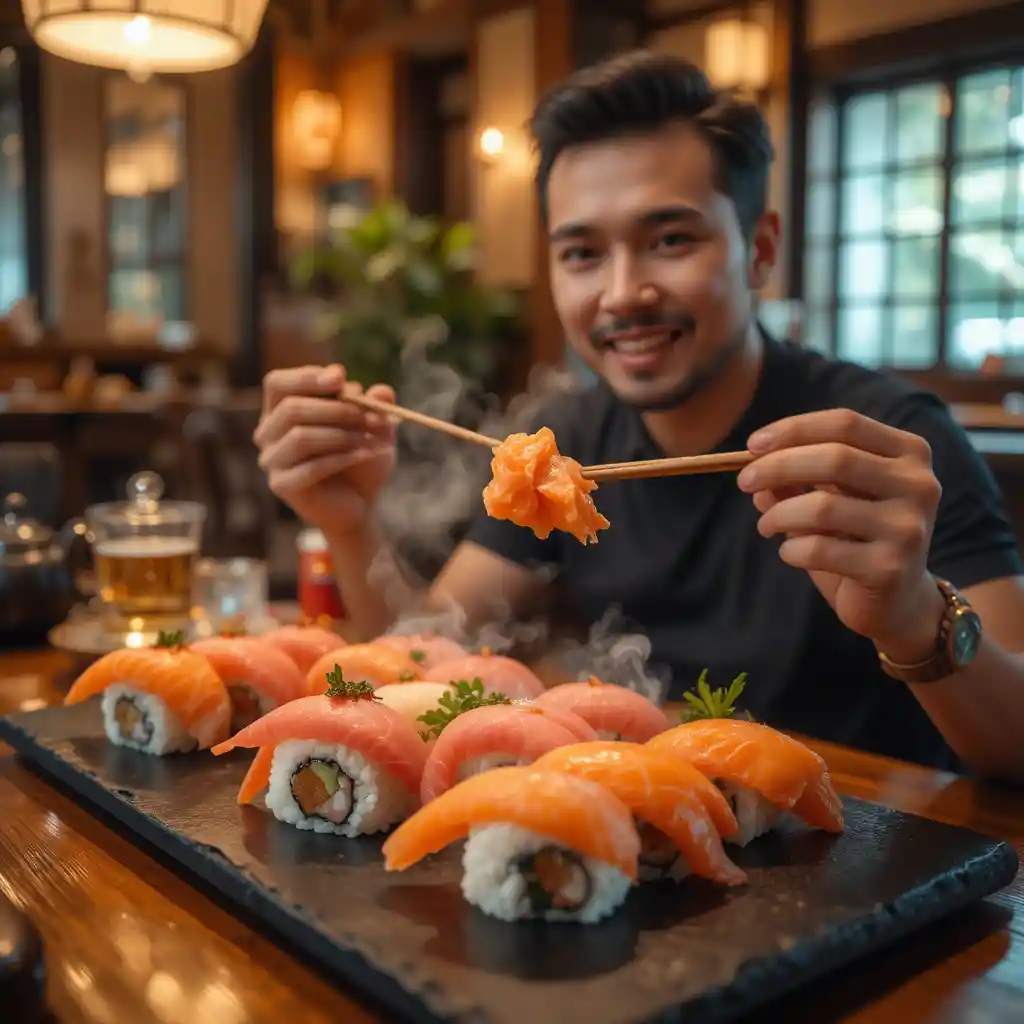 Man enjoying sushi at a cozy japanese restaurant table