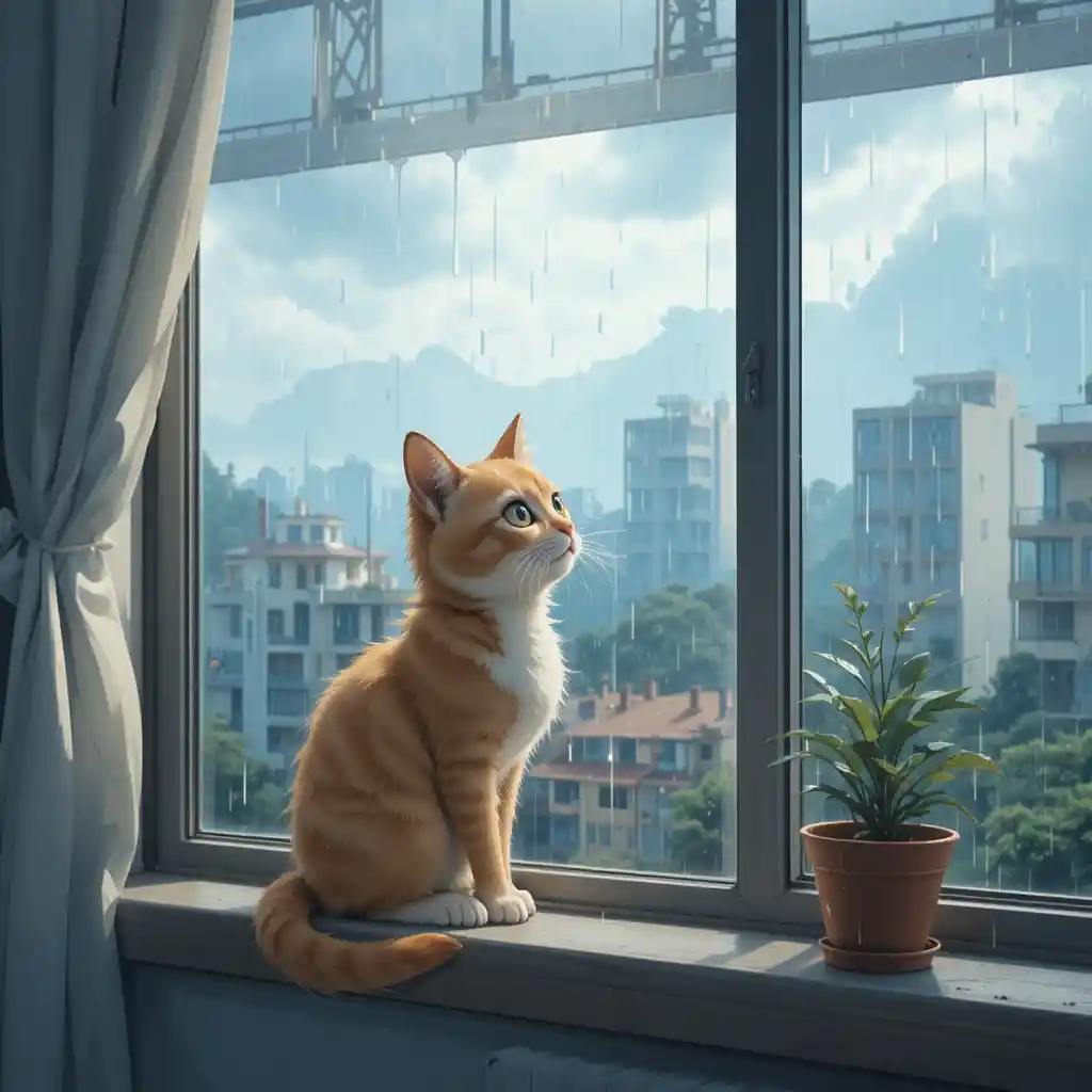 Anime cat watching the falling rain from an apartment window