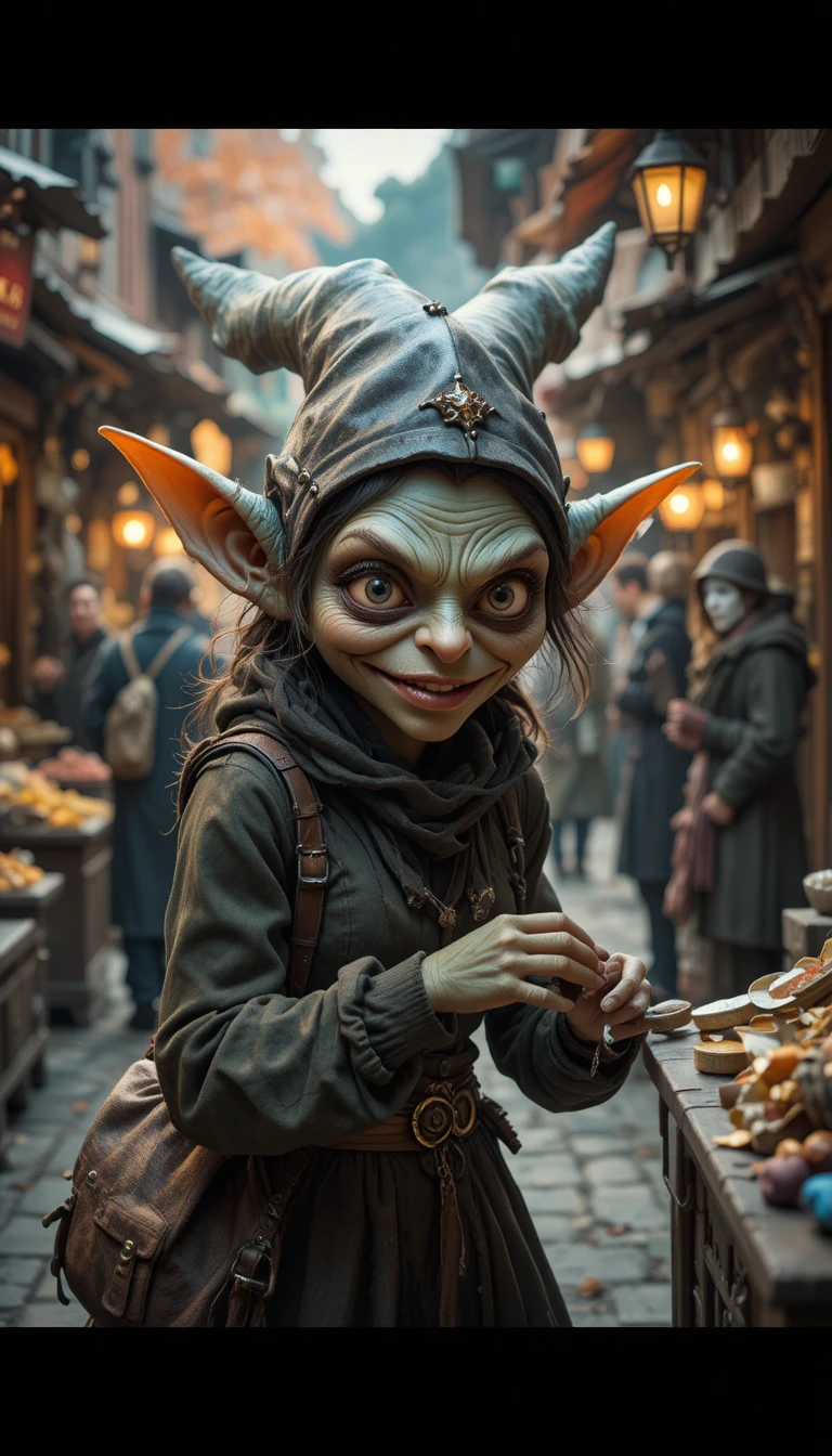 Goblin thief in a human mask prowls a busy fantasy market